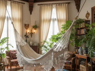 Chinchorro de curagua en una biblioteca cálida con plantas y madera