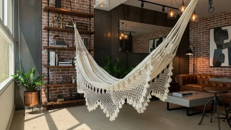 Chinchorro de curagua con malla calada y randas de macramé en un salón industrial