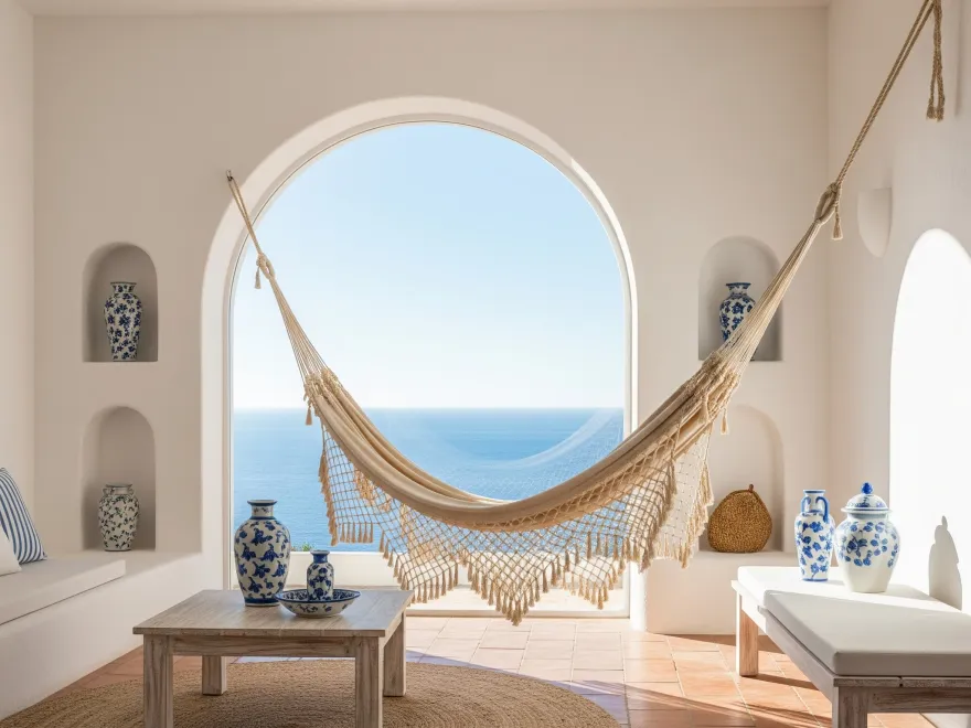 Chinchorro de curagua tejido a mano frente a una ventana arqueada con vistas al mar
